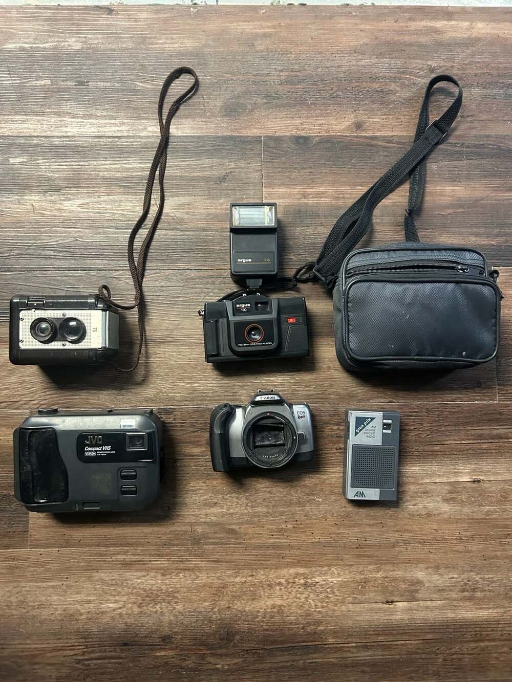 Vintage Camera Lot JVC Camcorder Canon EOS SLR Argus 100 35mm Radio Bag UNTESTED
